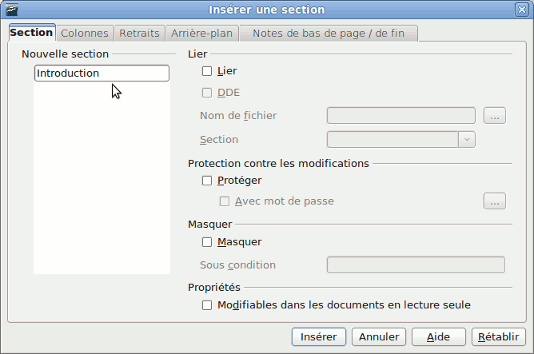 Insertion d'une section